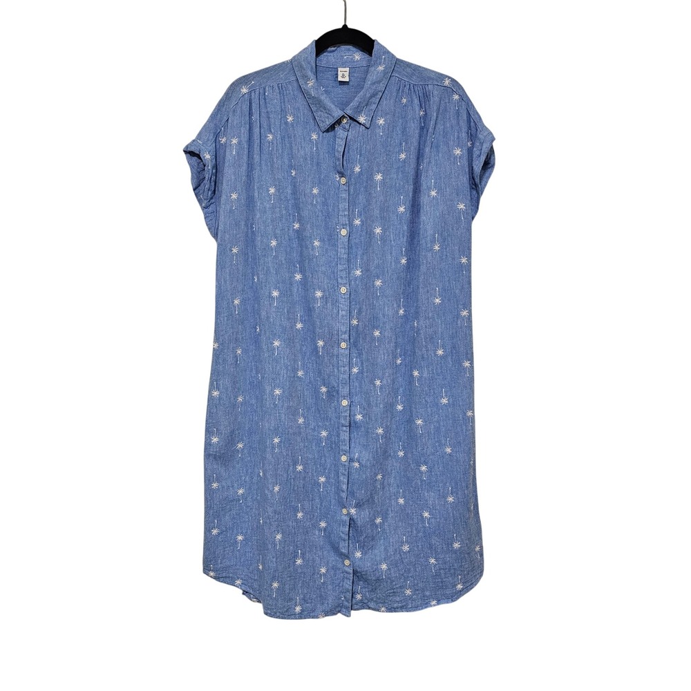 Old Navy Shirt Dress XL Tall Blue Linen Blend Palm Tree Tropical Coastal Beachy